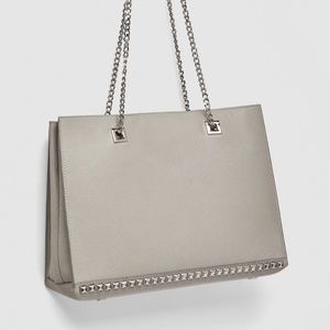 Zara Studded Leather Shopper Bag Gray Grey NWT